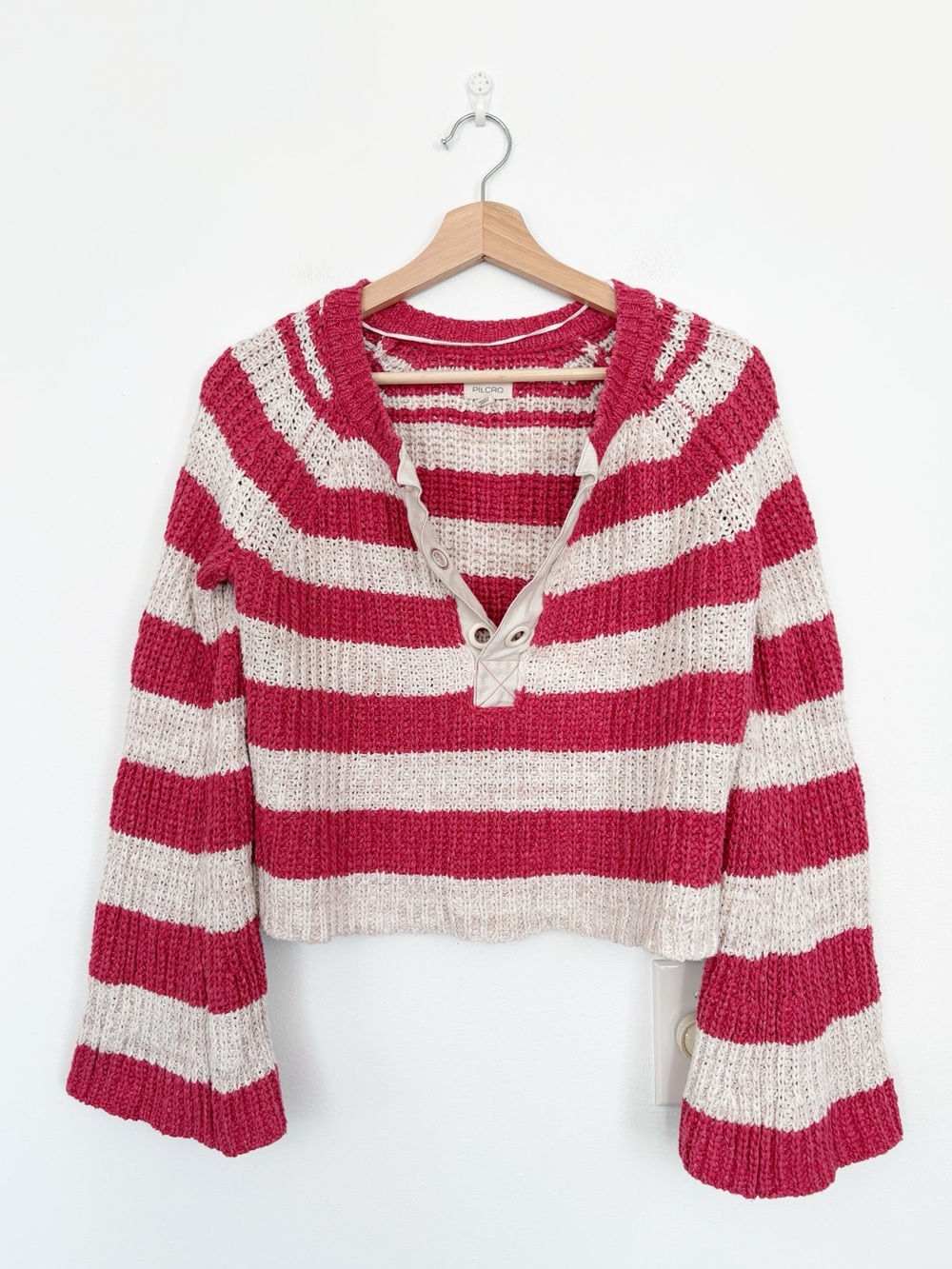 Anthropologie || Pilcro‎ Bell Sleeve Henley Sweater Striped Knit Red Cream Small